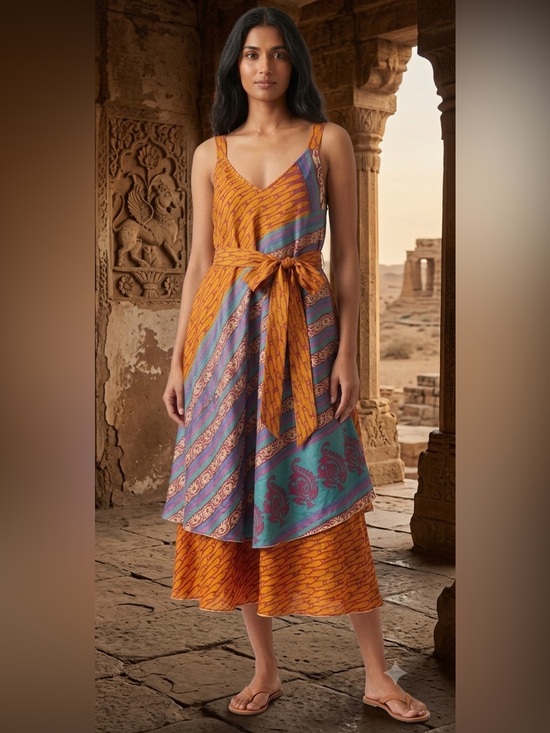 JUNGLEE BILLEE Dresses & Skirts - Bohemian Multicolor Sleeveless Double Layer Shift Dress with belt